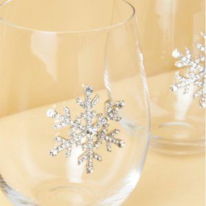 4 Christmas Rhinestone Snowflake Stemless Wine Glass Set Silver Jeweled Holidays